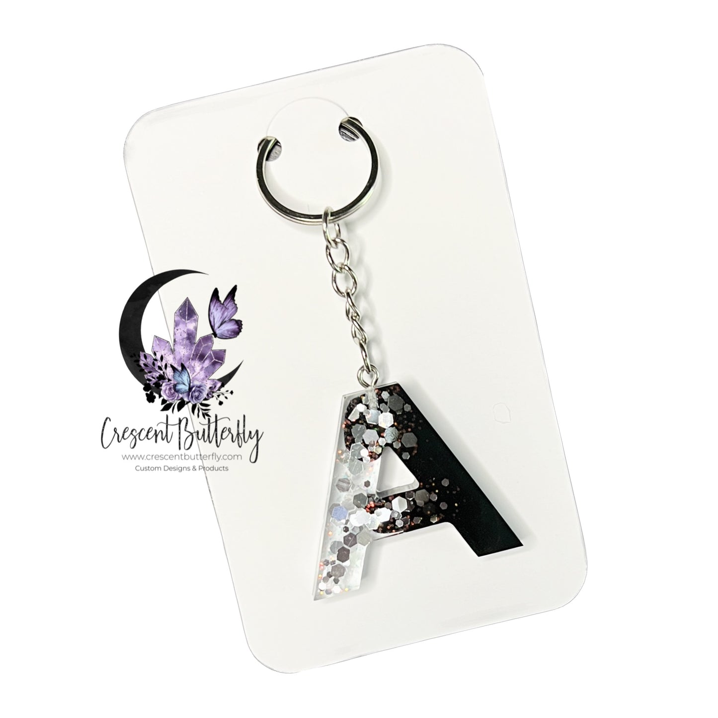 ArtCreationsbyAmyB Initial Keychain, Personalized Resin Letter Keychain - Black x / Silver